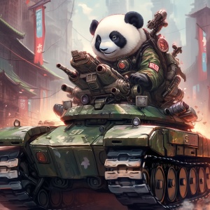 一只帅气熊猫开着一辆坦克，背景是科技感建筑