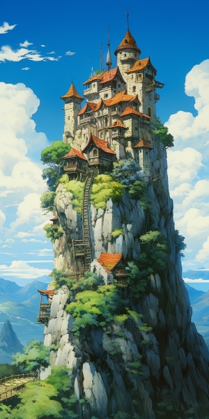 一座城堡，建在一块大石头上，漂浮在空中，宫崎骏风格，线条流畅，32k