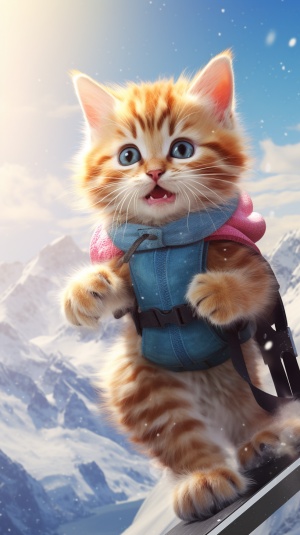 Create an image of a cute kitten and cat snowboarding; with many details, vibrant colors; ultra HD; Walt Disney tale style –ar 16:9 –v 5 –q 0.5