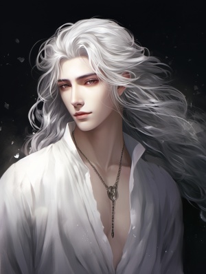 白色毛茸茸兽耳银色长发的动漫人物，从白色衬衫，在黑暗浪漫的现实主义风格，浅银和白色，32k uhd，aurorapunk，夸张的贵族，英俊，神秘的美丽