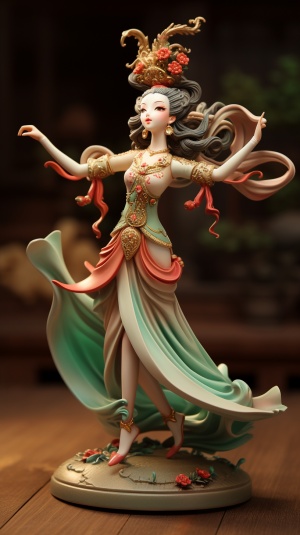 中国神话仙女舞蹈，敦煌风格，粘土材料，怀旧童话，红绿饱满身体，完美形状，温柔光泽，8K质量