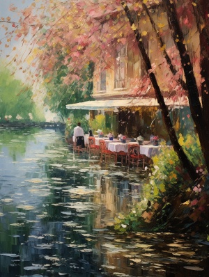 河边咖啡厅在三月春天中的美景
