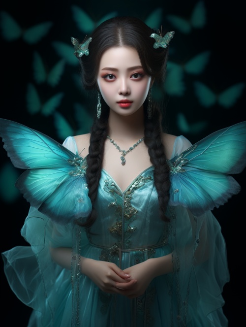 A chinese girl wearing a turquoise gauze skirt is holding a turquoise butterfly in her hand Butterfly wings have a glossy and gorgeous feel The girl's dress blends with butterfly wings Extremely beautiful butterfly wings close-up super fine ultra-realistic sense of reality 8k