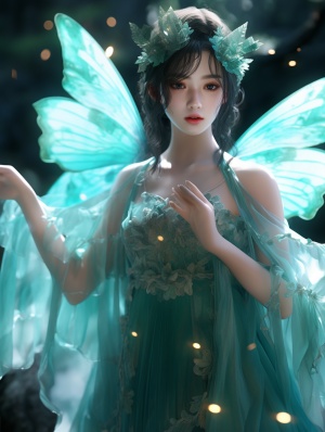 Chinese Girl Holding Turquoise Butterfly with Beautiful Wings
