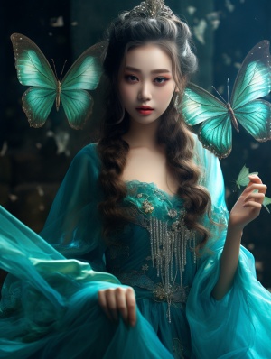 Chinese Girl Holding Turquoise Butterfly with Beautiful Wings