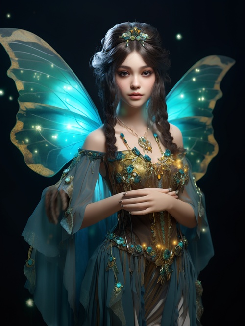 A chinese girl wearing a turquoise gauze skirt is holding a turquoise butterfly in her hand Butterfly wings have a glossy and gorgeous feel The girl's dress blends with butterfly wings Extremely beautiful butterfly wings close-up super fine ultra-realistic sense of reality 8k