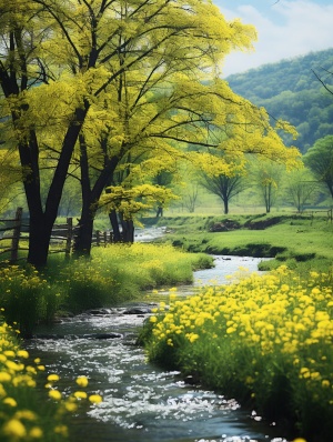 田园碧水间，春天悄然而至，春风吹绿了水岸，树梢开了新芽，微风吹拂黄色的油菜花，层层花浪非常迷人，田园诗般的乡村风光，实拍摄影效果。