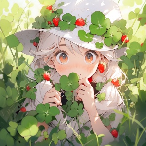 可爱的动漫女孩，戴着草帽，穿着白色短袖，手持四叶草，周围是绿色的植物和红色的草莓。甜美可爱