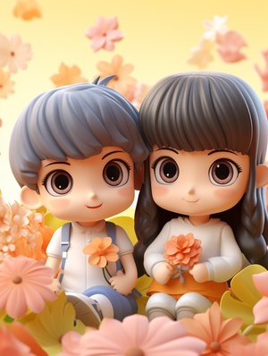 Super cute couple IP provided by POP MART , Black hair , Bangs , Scenes in spring , pastel color , mockup , fine luster , clean background , 3D render , Soft focus , oc , blender , IP , best quality , 8k