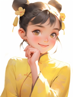 可爱灵动的少女穿黄色中国衣服学习工作