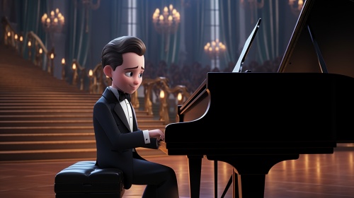 一个男孩穿黑色西装坐在钢琴前弹钢琴