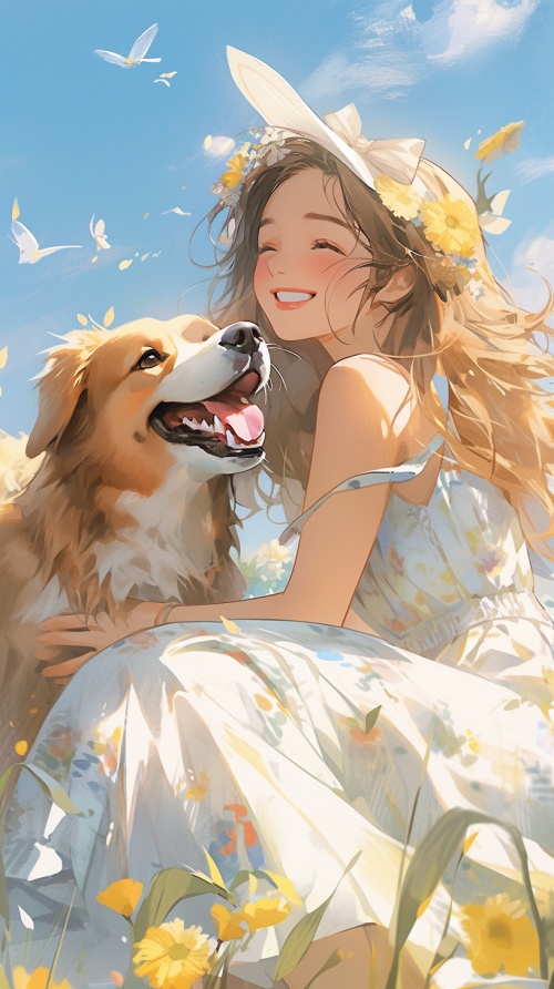 一个靓丽的女孩和一条狗坐在草地上，有花和蝴蝶，背景是蓝天，插画风格，远景，焦散，超级艺术表现，背景是蓝天，微距，自然光线，超级细节，32K