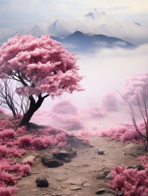 pink trees are blossoming along the valley, with fog falling on the scenery and mountains, in the style of photo-realistic landscapes, [vytautas kairiukstis], flower power ar 13:23