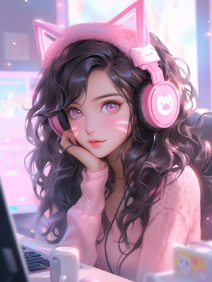 一只可爱的猫，穿着粉色衣服戴着耳机坐在电脑旁，以nightcore的风格，逼真的图画，逼真的夸张，多么美丽，迷人的动漫