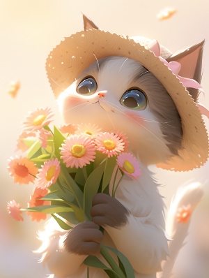 可爱的猫毛绒玩具，穿着可爱的衣服，毛茸茸的身体抱着一朵花，皮克斯风格，童话故事