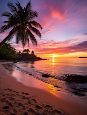 A serene beach at sunset, with golden sand stretching as far as the eye can see, gentle waves crashing onto the shore, a glowing orange sun sinking below the horizon, warm hues of pink and purple filling the sky, a solitary palm tree swaying in the breeze, fine art photography, shot with a wide-angle lens ar 16:9