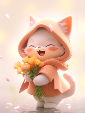 可爱的猫毛绒玩具，穿着可爱的衣服，毛茸茸的身体抱着一朵花，皮克斯风格，童话故事