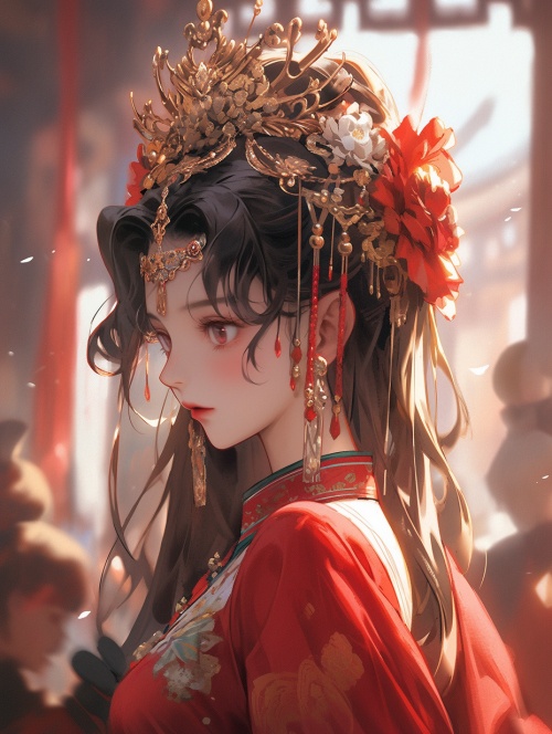 中国古代美女，身穿红色衣服，面容精致，张扬明媚，生动,充满活力，栩栩如生，自然的光亮，远景