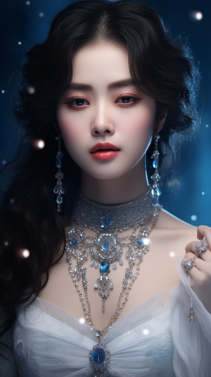 一个29岁的中国女孩戴着项链，灵感来自Sim Sa jeong,Azure。精细的头发，冬天的公主，冰公主，丰满，仿古风格的艺术品，8K），幻想美学古维斯，冰雪女王，8K高品质精细的艺术品，甜美的微笑，全身镜头，雪景，动作镜头，超现实6.0版