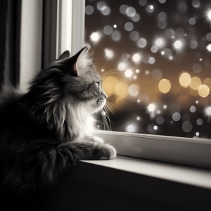 在安静的夜晚，小猫静静地坐在宽敞的窗台上，抬起柔软的耳朵，专注地凝视着外面的世界。它黑白分明的皮毛在微弱的月光下闪烁着温柔的光芒，像是一颗寂静的明星。窗外的夜景也在小猫的凝视下逐渐清晰起来：远处是梦幻般的星空，点缀着繁星闪烁的宇宙，而近处则是街道上偶尔经过的微光，如同遥远的星系。冷风吹拂着小猫的皮毛，但它丝毫不动，只专注地凭借温暖的目光和敏锐的听觉感受着这美丽而宁静的夜晚。