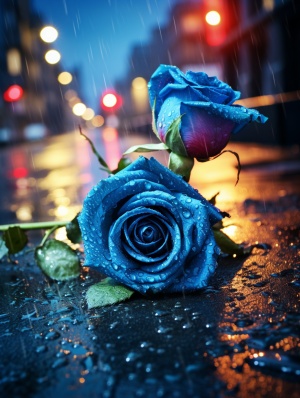 路面，夜晚，雨滴，一束蓝玫瑰落在路面上，超高清