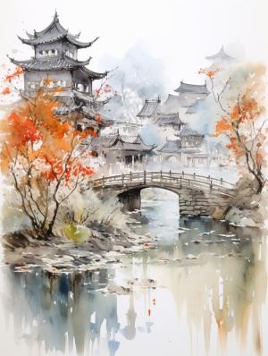 watercolour style, Hui architecture,water town, small bridge and flowing water,by Wu Guanzhong ar 3:4 stylize