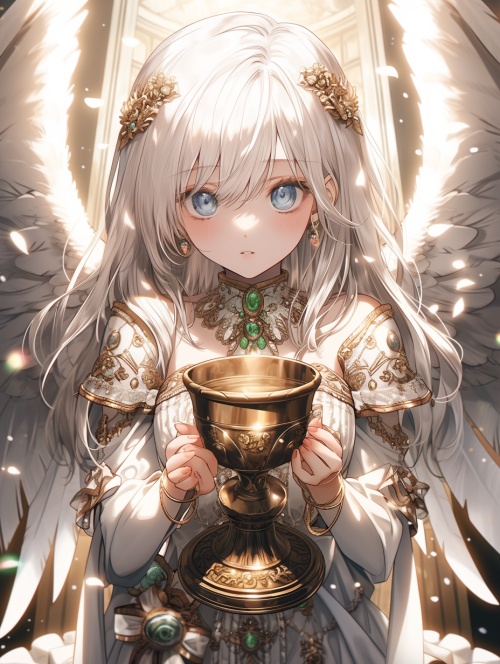 白色翅膀，银白色头发，碧绿色眼睛的女天使 ，手持圣杯