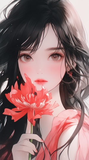 动漫美丽的女士，黑色头发，红色嘴唇，拿着一朵粉红色的花，在清晰的新流行插图的风格，现实而富有想象力，超现实的精度