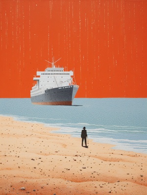a person walking on a beach next to a ship that is abandoned, in the style of yuko shimizu, paul catherall, impressionistic seascape, light red and light orange, traditional oceanic art, serenity and calm, subdued pointillism ar 4:3s 750 nifi 6
