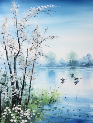 水墨画，春天，蔚蓝的天空，巨大的湖泊，湖边有翠绿的柳树低垂，两只黄鹂鸟站在柳树的枝条上，五只白鹭排成一行飞向遥远的天空
