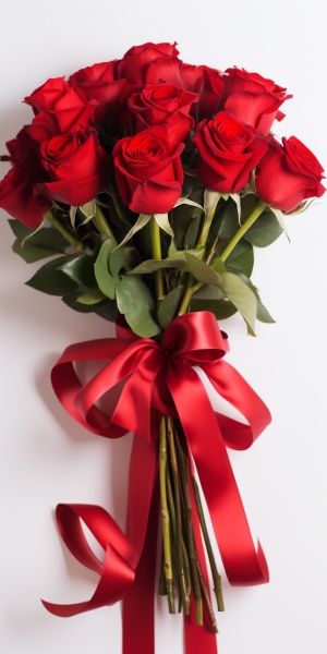 一捧漂亮的玫瑰花，花有多种颜色，扎一红色的丝带，照片风格，纯白色背景