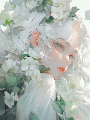 some anime portrait like flower petals, in the style of mysterious and dreamlike scenes, white and green, rococo inspired art, sharp focus, nightcore, nouveau réalisme, glassy translucence 现代,梦幻,超现实,1990s,时尚插画,时尚肖像,广告人像,彩漆,厚涂,壁画