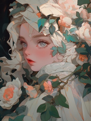 some anime portrait like flower petals, in the style of mysterious and dreamlike scenes, white and green, rococo inspired art, sharp focus, nightcore, nouveau réalisme, glassy translucence 现代,梦幻,超现实,1990s,时尚插画,时尚肖像,广告人像,彩漆,厚涂,壁画