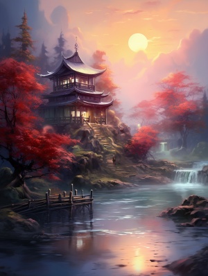 一幅河边小房子的画，中国画的风格，柔和的雾气，我不敢相信这是多么美丽，uhd图像，迷人的素描，田园风光，精确绘画一个穿白衣的美女站在桥上