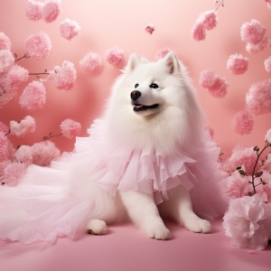 萨摩耶在粉红色背景上的白色连衣裙，柔软，梦幻般的品质，ohare kei，白色和粉红色的风格，我不敢相信这是多么美丽，wimmelbilder，彩色动画，动物雕像