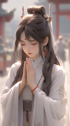 A Chinese woman with long hair, hands clasped together to pray for blessings, hair accessories, ancient Chinese architecture, blurred background, 4K, medium, highest quality Han Dynasty style v 6.0 ar 9:16