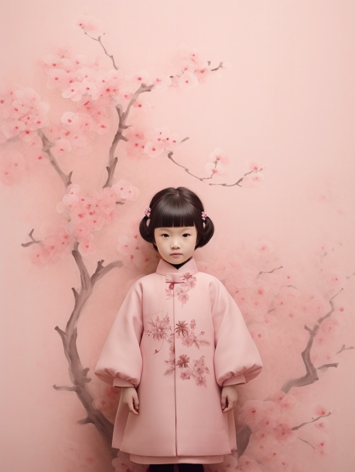 背景干净简洁，浅粉色背景配一个穿古风衣服的中国小女孩