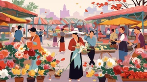 Busy flower market, vector illustration, Chinese countryside flower market, men and women farmers dressed in various contemporary Chinese Hanfu selling flowers of various colors. People come and go in the market, with cars and horses filling the streets. Minimalist, full composition, exaggerated colors, Matisse style, flat modeling, flat painting,