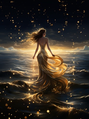 Hand-painted, illustrated, a girl, delicate features, wearing a gold evening gown, walking barefoot on the sea, dynamic movements, starlight, night sky, realistic picture quality, HD 8k翻译：手绘，插画，一个女孩，精致的五官，穿着金色的晚礼服，光脚走在海面上，动态动作，星光闪耀，夜空，逼真的画质，高清8k#ai #Ai绘画 #ai关键词 #midjourney关键词 #AI绘画有点东西 #绘画 #浪漫 #女孩 #海 #创意 #艺术 #素材 #设计师