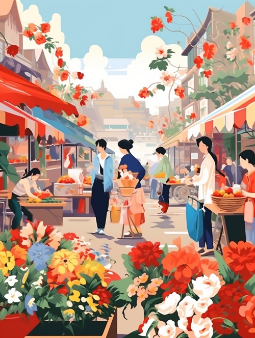 Busy flower market, vector illustration, Chinese countryside flower market, men and women farmers dressed in various contemporary Chinese Hanfu selling flowers of various colors. People come and go in the market, with cars and horses filling the streets. Minimalist, full composition, exaggerated colors, Matisse style, flat modeling, flat painting,