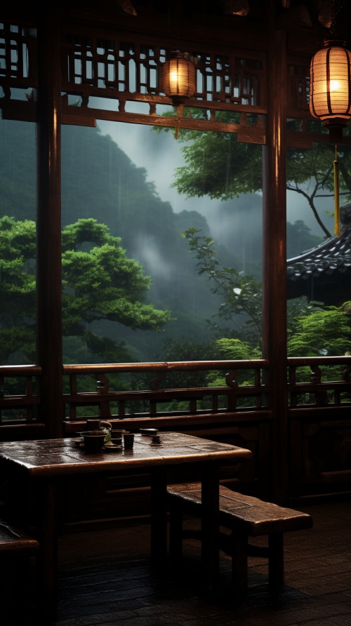 two chinesestyle wooden tables with lanterns on them above the outdoor space in the rain, in the style of metropolis meets nature, captivating scenes, i can't believe how beautiful this is, windows vista, fenghua zhong, mysterious jungle, kuang hong v 6.0 ar 9:16