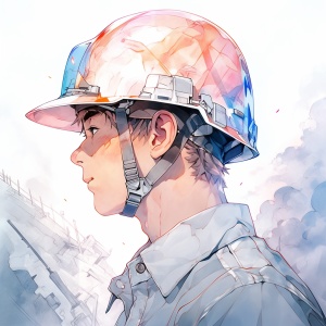 头像，酷酷的工程师，带着工程帽，男生，侧脸看着上空，上半身，背境虚幻