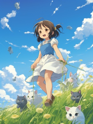 宫崎骏童话里的小女孩，和几只小猫咪坐在草地上玩耍，背后是一望无际的蓝天白云，画面是漫画的感觉。