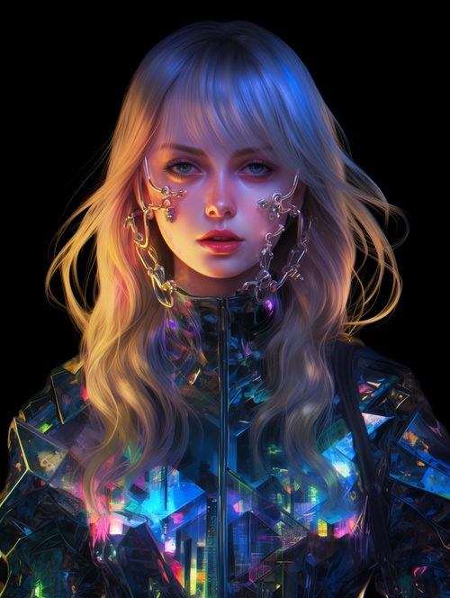 镭射女孩咒语：Girl, wearing laser transparent pvc texture clothing ， prism , melancholy expression , beautiful eyes , brilliance , jewelry, portrait ， game original painting , anime character concept design, beautiful face , sacred, long transparent iridescent GB hair, reflections transparent iridescent colors on her hair, highly detailed, gorgeous sacred girl, beautiful light on black background ar 2:3 s 500 niji 6@艺术薯 #Midjourney #ai绘画 #镭射 #科幻#我和ai有画说