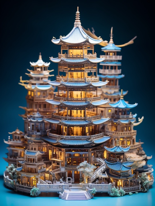 水晶玲珑塔中国古典建筑关键词：miniature lit up asian pagoda, in the style of dreamlike cityscapes, light cyan and gold, delicate fantasy worlds, layered translucency, intricate cityscapes, meticulous design翻译：微缩点亮的亚洲宝塔，以梦幻般的城市景观风格，淡青色与金色，精致的梦幻世界，层层叠叠的半透明，错综复杂的城市景观，精心设计#Ai绘画 #ai #ai关键词 #midjourney关键词 #AI #建筑 #中国建筑 #玲珑塔 #设计师 #素材 #中国咒语分享a side view of a 3D small house in an action figure style#midjourney关键词 #midjourney学习 #热门