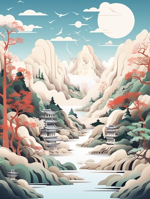 Chinese landscape illustration, Multidimensional paper cut, naturallight, best quality, ultra-detail, OC renderer, simple scene 3D, C4D, 16k翻译：中国风景插画，多维剪纸，自然光，最佳质量，超细节，OC渲染器，简单场景3D, C4D, 16k#Ai绘画 #ai #midjourney关键词 #海报 #海报设计 #素材分享 #中国山水画 #剪纸 #中式 #设计师 #海报