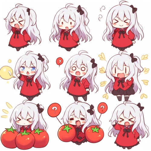 Tomato, chibi, 9 poses and expressions, nine panels, emoticons, emoticons [ happy, cute, expectant, laughing, happy ], ultra high definition