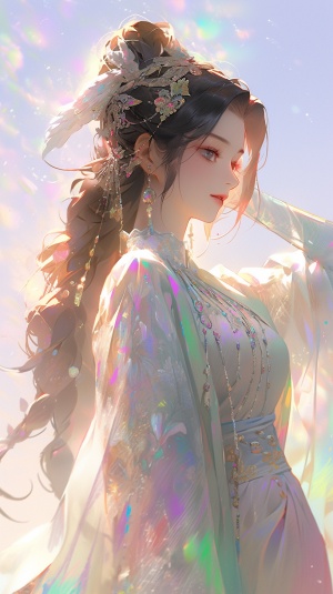 全身拍摄，有一个女孩穿着中国传统服装，全息效果，显示灯光，正面视图，柔和的渐变，干净的背景，超精细的细节,难以置信的美丽，梦幻彩虹核心