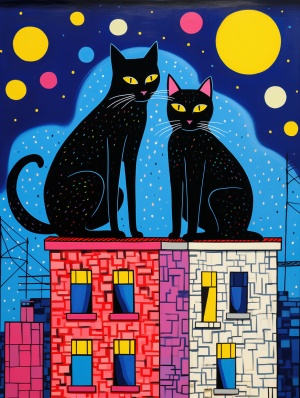 Two sweet cute Kitties sitting together on the top of a house under a full moon,in the style of Felicia Simion,Yayoi Kusama,and jack Hughes,featuring bright colors,bold shapes,whimsical,playful patterns,vibrant abstract,Memphis design pop surrealismstylize raw