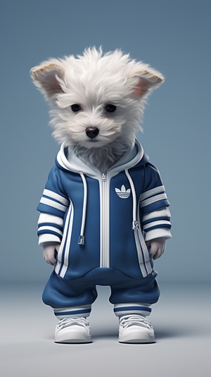 a dog in an adidas uniform, in the style of poodlepunk, white and indigo, babycore, monochromatic mastery, luxurious, , urban ar